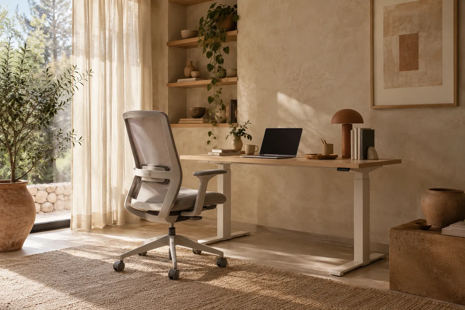 Adjustable ergonomic office chair at a height-adjustable standing desk